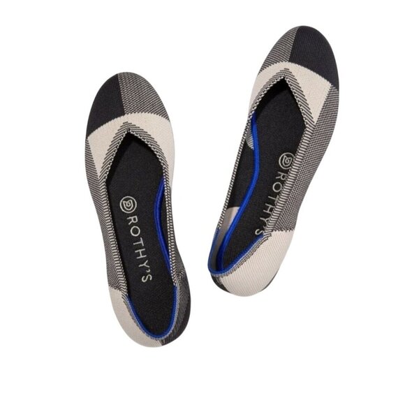 Rothy's The Flat Round Cap Toe Plaid Black Cream Retired Pattern Neutral Size 8 - Picture 1 of 10